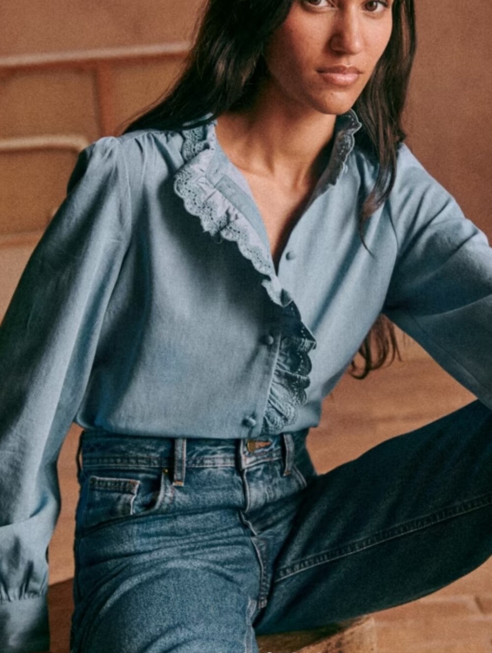 Sezane Chlo Chambray Eyelet Ruffle Puff Button Shirt Blouse - 38